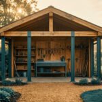 Abri de jardin ouvert en bois clair et supports métalliques sombres. Intérieur avec établi, outils de jardinage accrochés et rangés. Chemin de gravier.