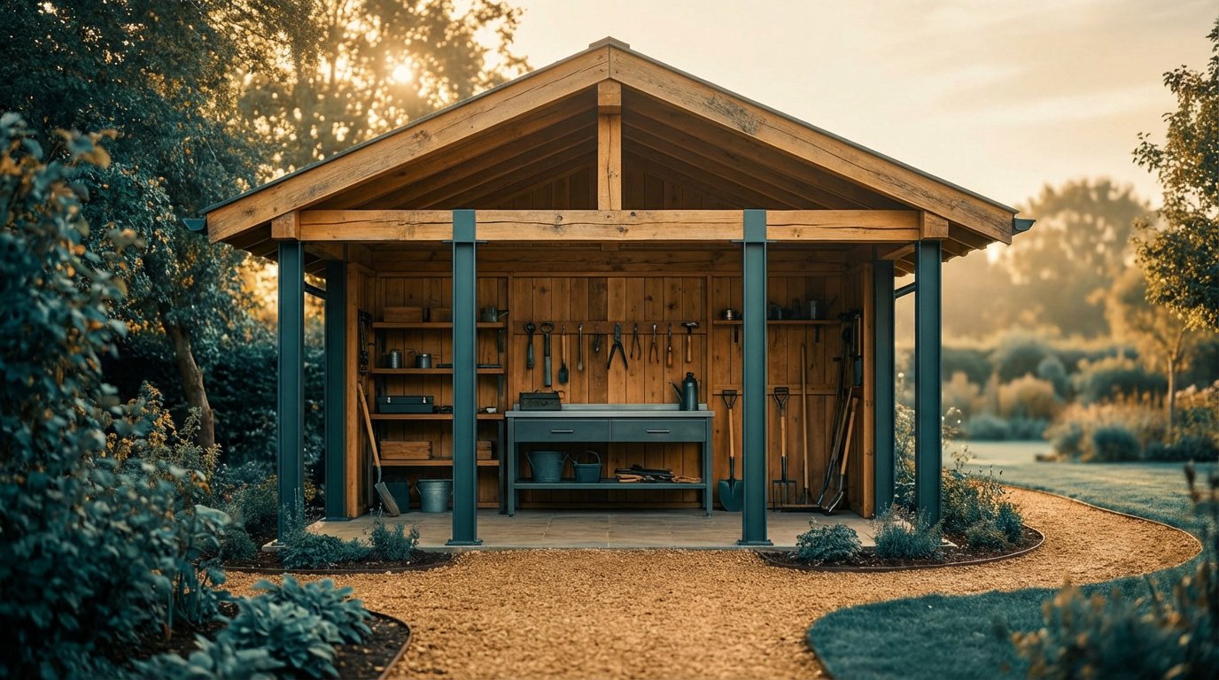 Abri de jardin ouvert en bois clair et supports métalliques sombres. Intérieur avec établi, outils de jardinage accrochés et rangés. Chemin de gravier.