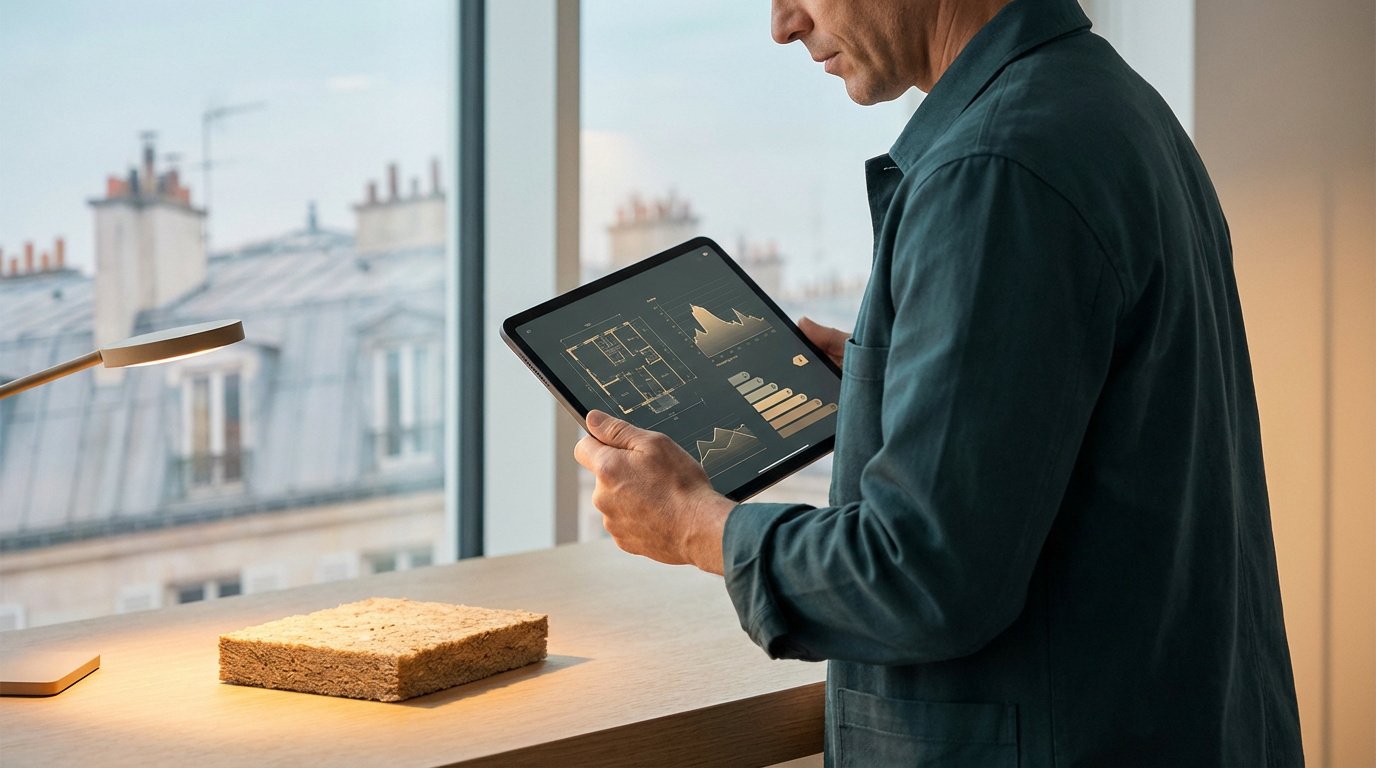 Un homme étudie des plans d'isolation sur tablette, avec un échantillon d'isolant naturel et vue sur les toits de Paris.