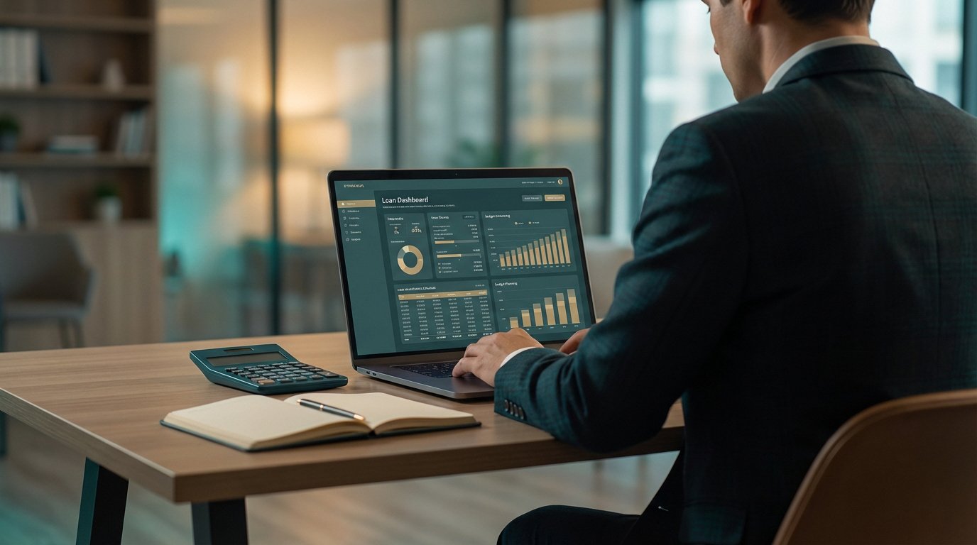 Homme en costume travaillant sur un ordinateur portable affichant un tableau de bord de prêt. Une calculatrice et un carnet sont sur le bureau.