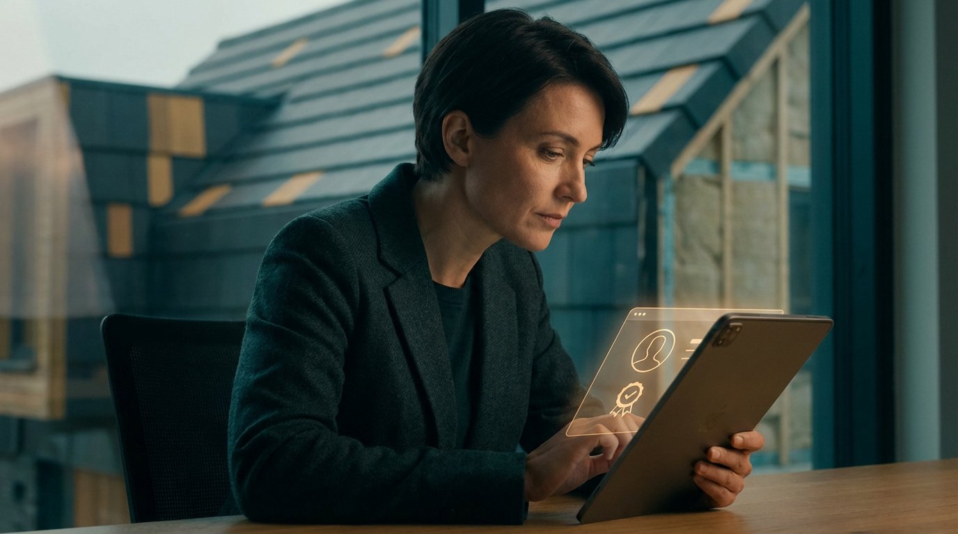 Femme au bureau, consultant une tablette avec affichage holographique d'icônes de profil et de certification pour trouver un pro.