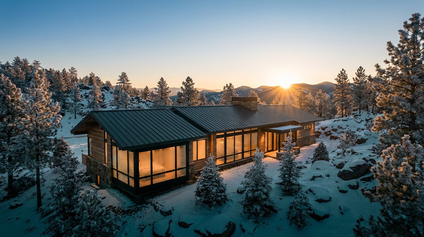Vue aérienne d'une maison de montagne contemporaine entourée de neige et d'arbres, baignée par la lumière chaude du soleil levant.