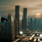 Skyline futuriste d'une ville africaine au coucher du soleil, avec gratte-ciel modernes, motifs traditionnels et infrastructures.