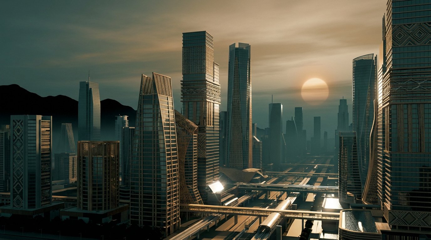 Skyline futuriste d'une ville africaine au coucher du soleil, avec gratte-ciel modernes, motifs traditionnels et infrastructures.
