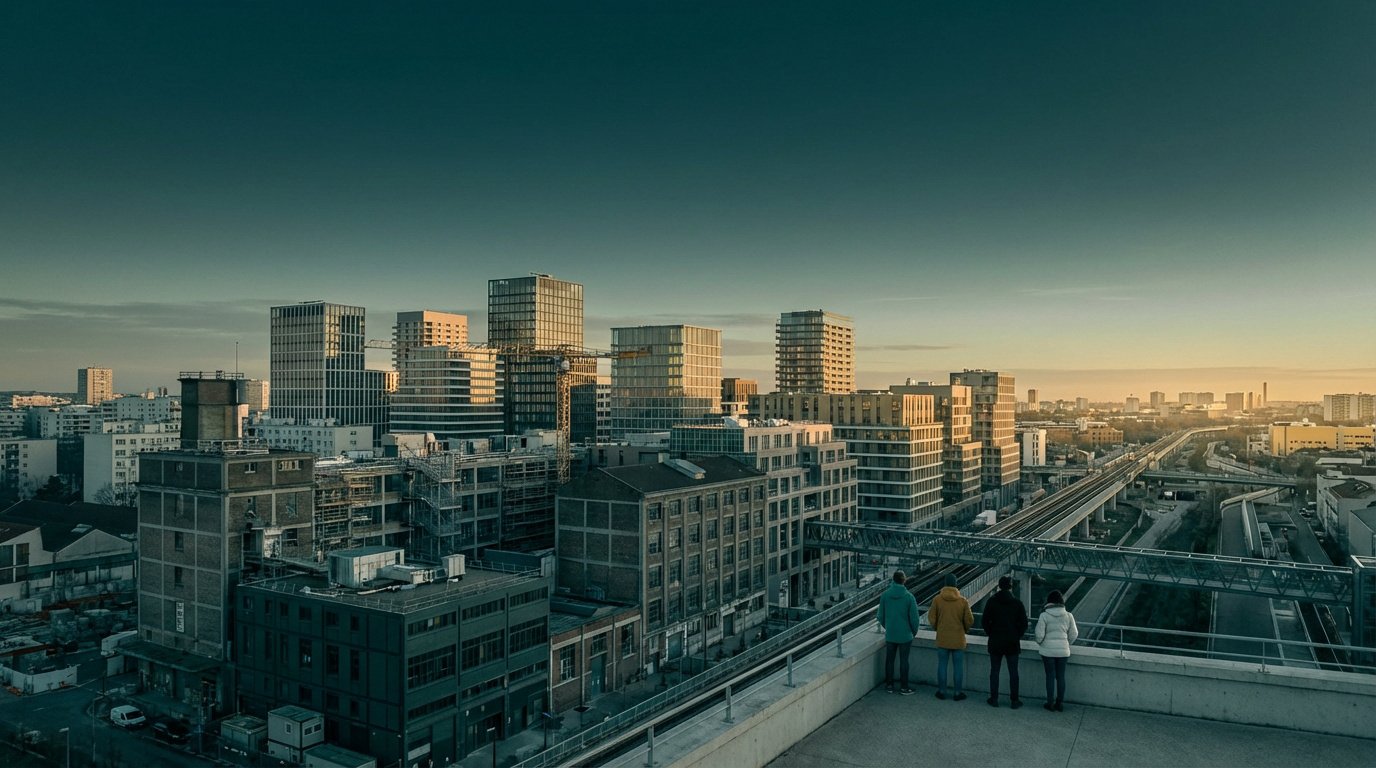 Quatre personnes observent un panorama urbain d'Aubervilliers avec gratte-ciel, bâtiments anciens et voies ferrées sous un ciel crépusculaire.
