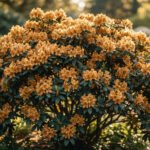 Azalée dorée en pleine floraison sous un soleil doux, feuilles vertes, arbuste dense dans un jardin flou.