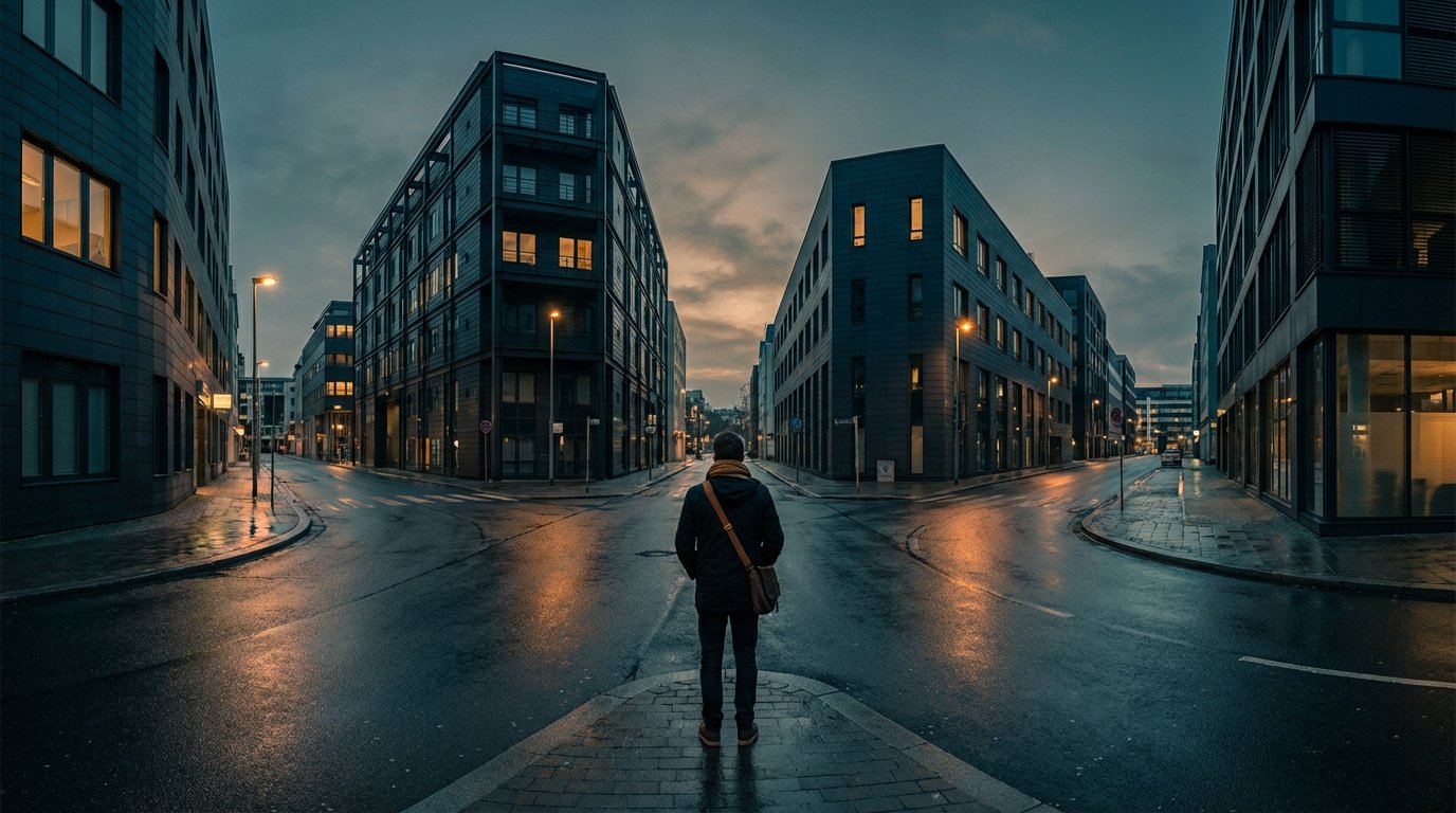 Un homme de dos se tient à un carrefour urbain sous un ciel couvert, entre des bâtiments modernes et des rues mouillées, éclairé par les lampadaires.