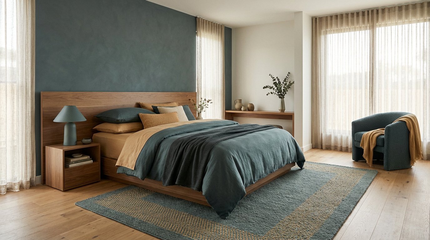 Chambre à coucher moderne aux murs bleu-gris et blancs, lit en bois avec linge de lit bleu canard et ocre, table de chevet, fauteuil bleu, tapis. Ambiance sereine.