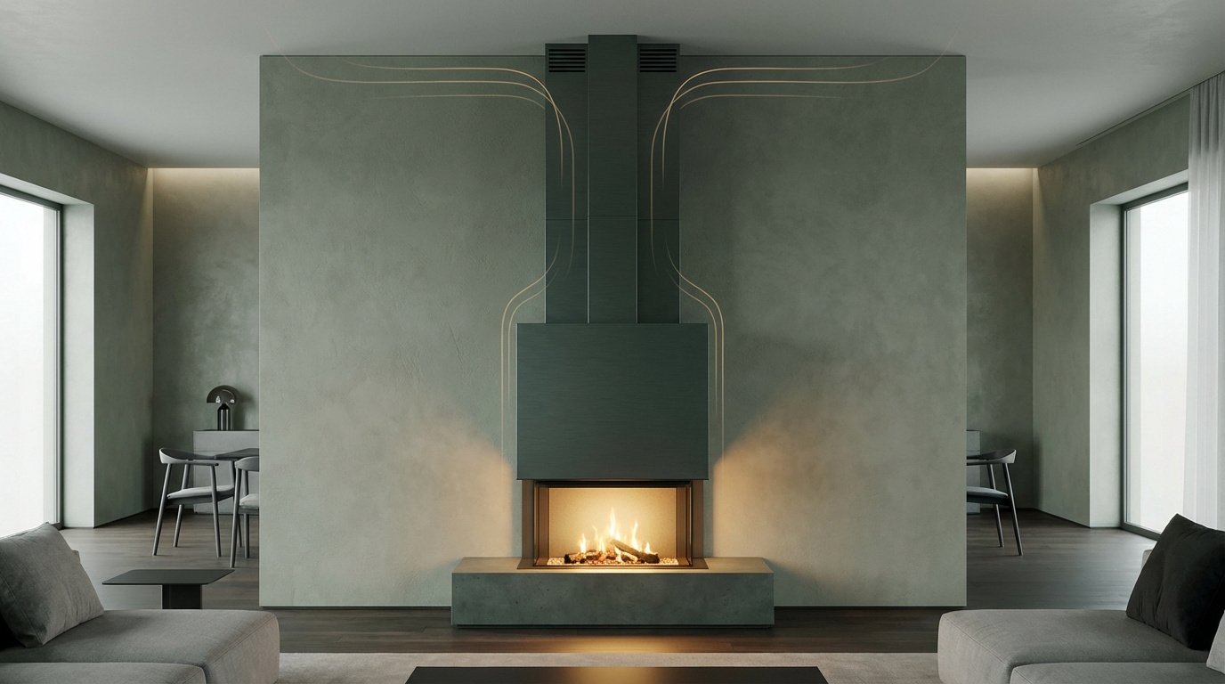 Cheminée moderne encastrée dans un mur vert texturé, avec des flammes. Des courbes dorées illustrent le système de ventilation.