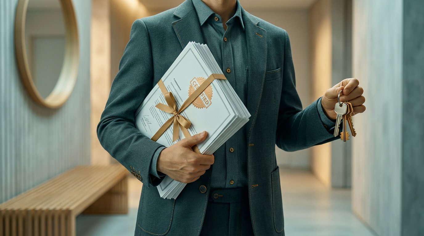 Un homme en costume tient un dossier certifié et un trousseau de clés, symbolisant la réussite d'un dossier locatif.