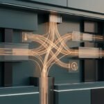 Représentation graphique d'un système domotique avec des lignes lumineuses connectant les icônes de température, sécurité et énergie.