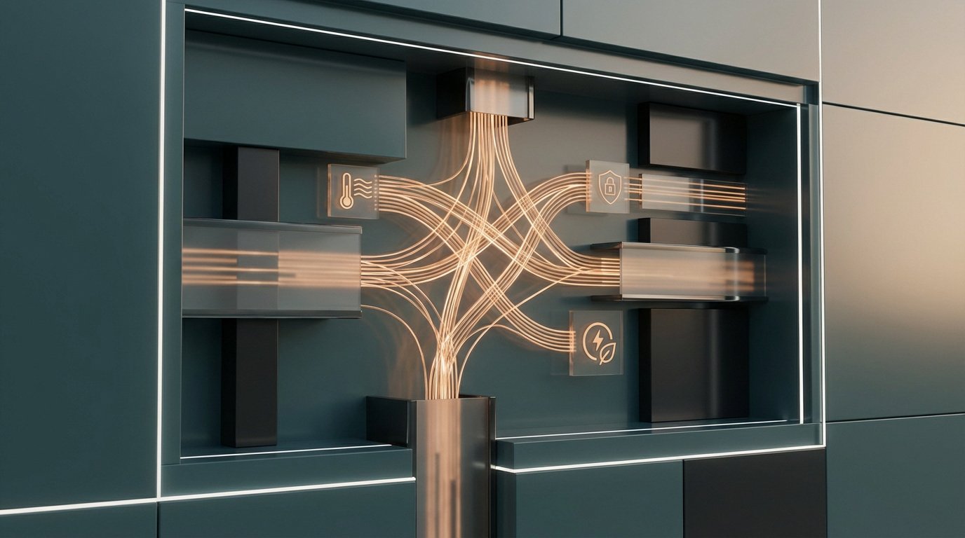 Représentation graphique d'un système domotique avec des lignes lumineuses connectant les icônes de température, sécurité et énergie.