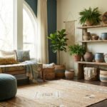 Salon style afrohemian avec canapé en bois, coussins colorés, pouf bleu, tapis en jute, étagères en bois et plantes vertes.