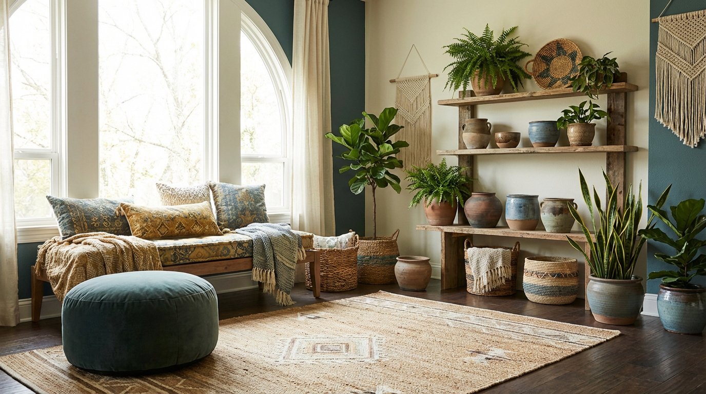 Salon style afrohemian avec canapé en bois, coussins colorés, pouf bleu, tapis en jute, étagères en bois et plantes vertes.