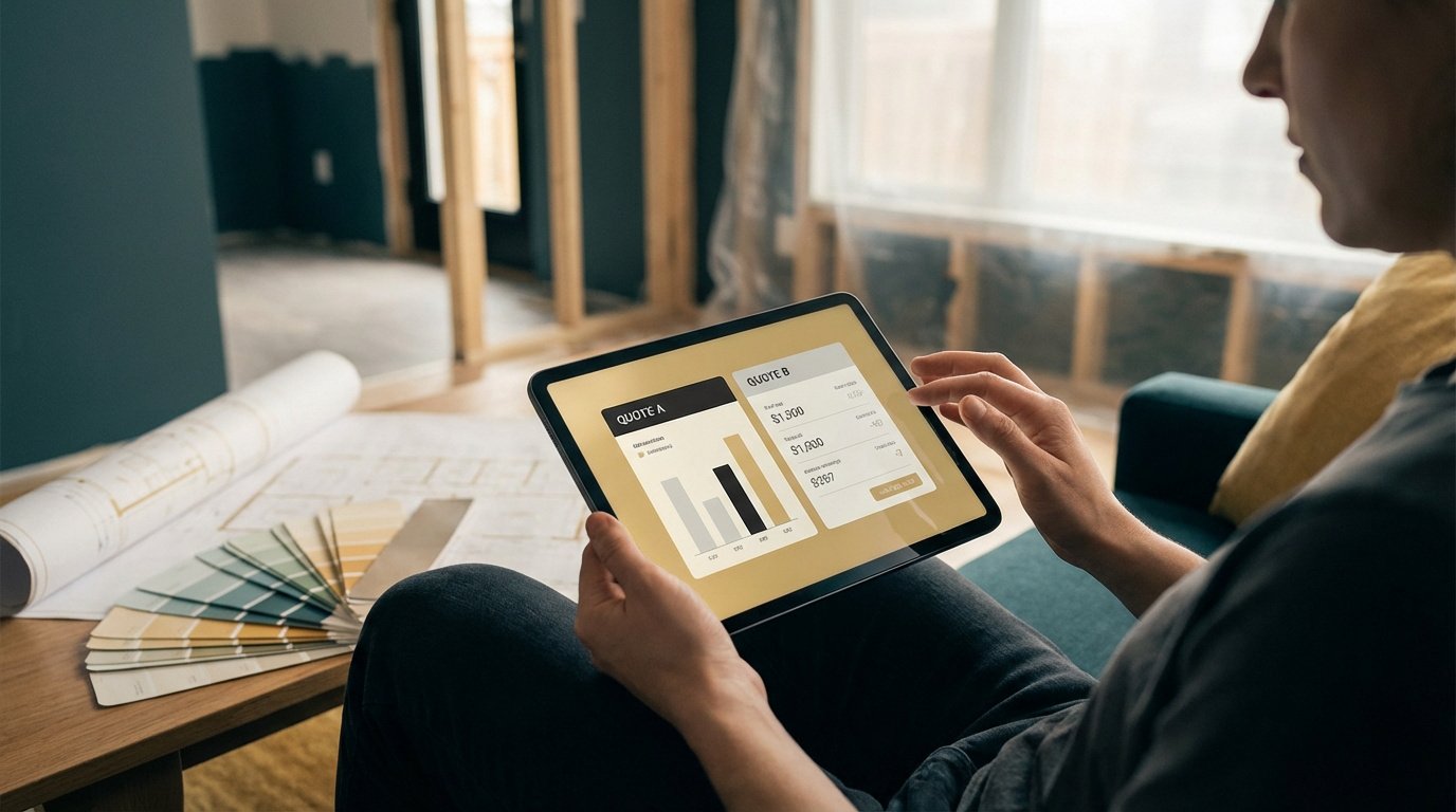 Personne comparant des devis de travaux sur une tablette, entourée de plans, nuanciers de couleurs et un chantier en rénovation.