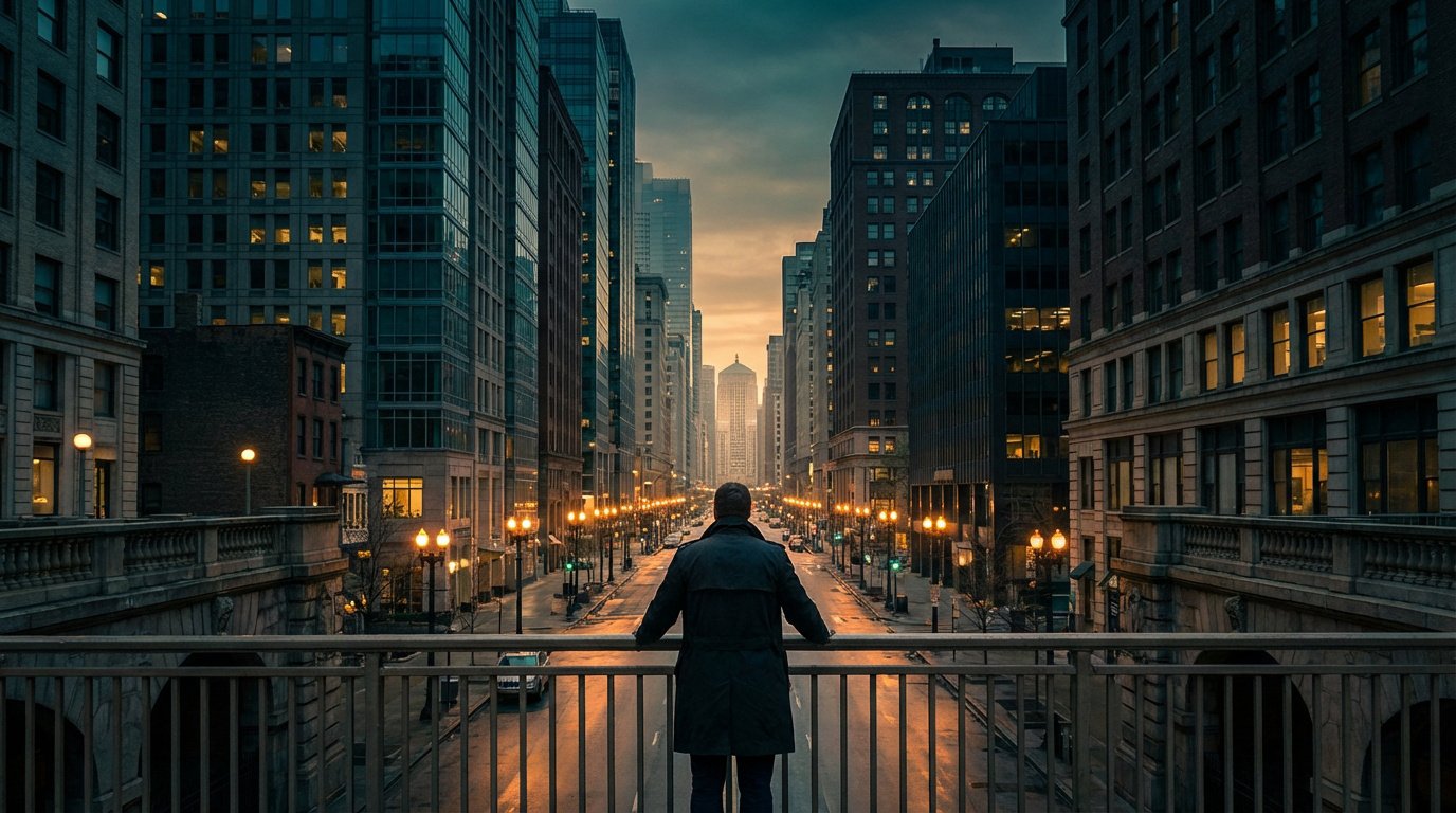 Un homme de dos sur un pont contemple une longue rue urbaine bordée de gratte-ciel et de lampadaires allumés au crépuscule.