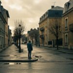 Un homme seul se tient dans une rue vide bordée d'immeubles anciens et d'arbres nus, sous un ciel nuageux et gris.