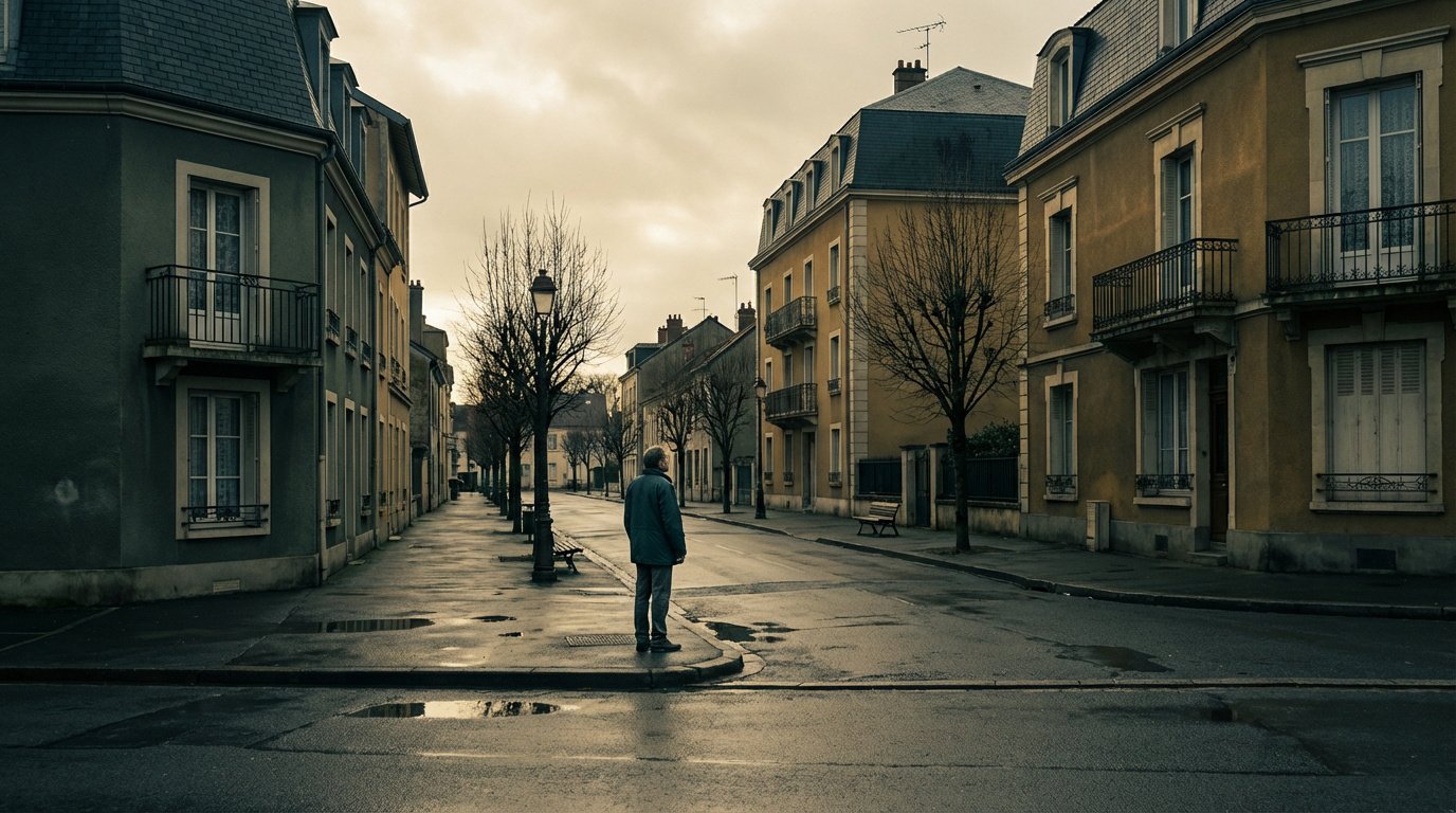Un homme seul se tient dans une rue vide bordée d'immeubles anciens et d'arbres nus, sous un ciel nuageux et gris.