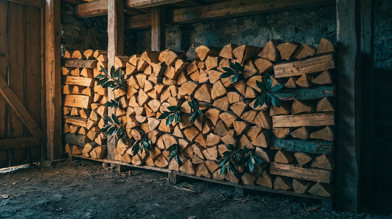 Grande pile de bois de chauffage fendu, avec quelques branches de laurier vert, empilée dans un abri sombre.