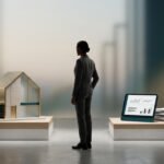 Une personne en costume hésite entre un modèle de maison et une tablette avec graphiques financiers, symbolisant un choix d'investissement.