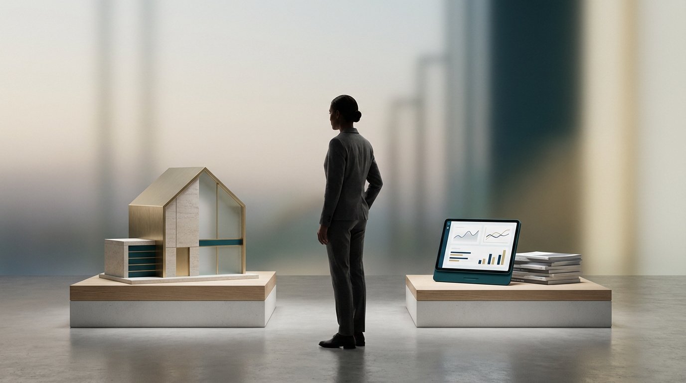 Une personne en costume hésite entre un modèle de maison et une tablette avec graphiques financiers, symbolisant un choix d'investissement.