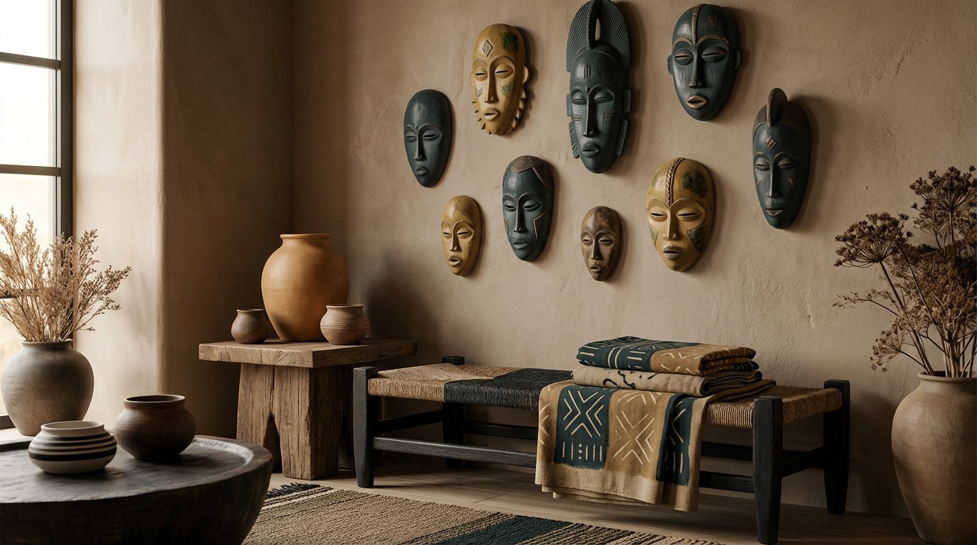 Pièce chaleureuse aux murs beiges ornée de masques africains variés. Banc tressé, poteries et plaids à motifs ethniques.
