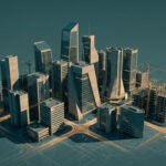 Vue aérienne d'une maquette de ville moderne avec gratte-ciel, chantiers et plans d'urbanisme lumineux au sol.