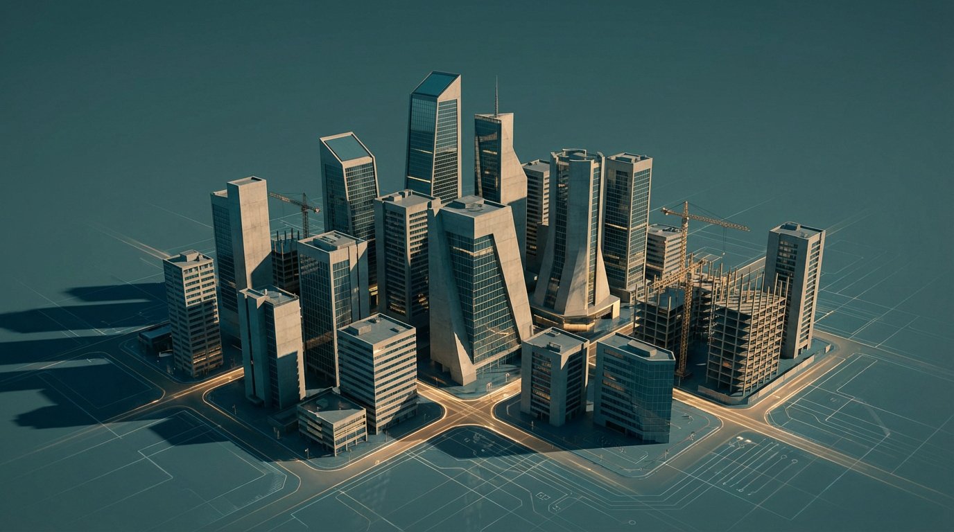 Vue aérienne d'une maquette de ville moderne avec gratte-ciel, chantiers et plans d'urbanisme lumineux au sol.