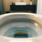 Vue rapprochée de l'intérieur d'une cuvette de WC moderne, blanche et brillante, remplie d'eau propre. Un arrière-plan de salle de bain flou avec un lavabo est visible.