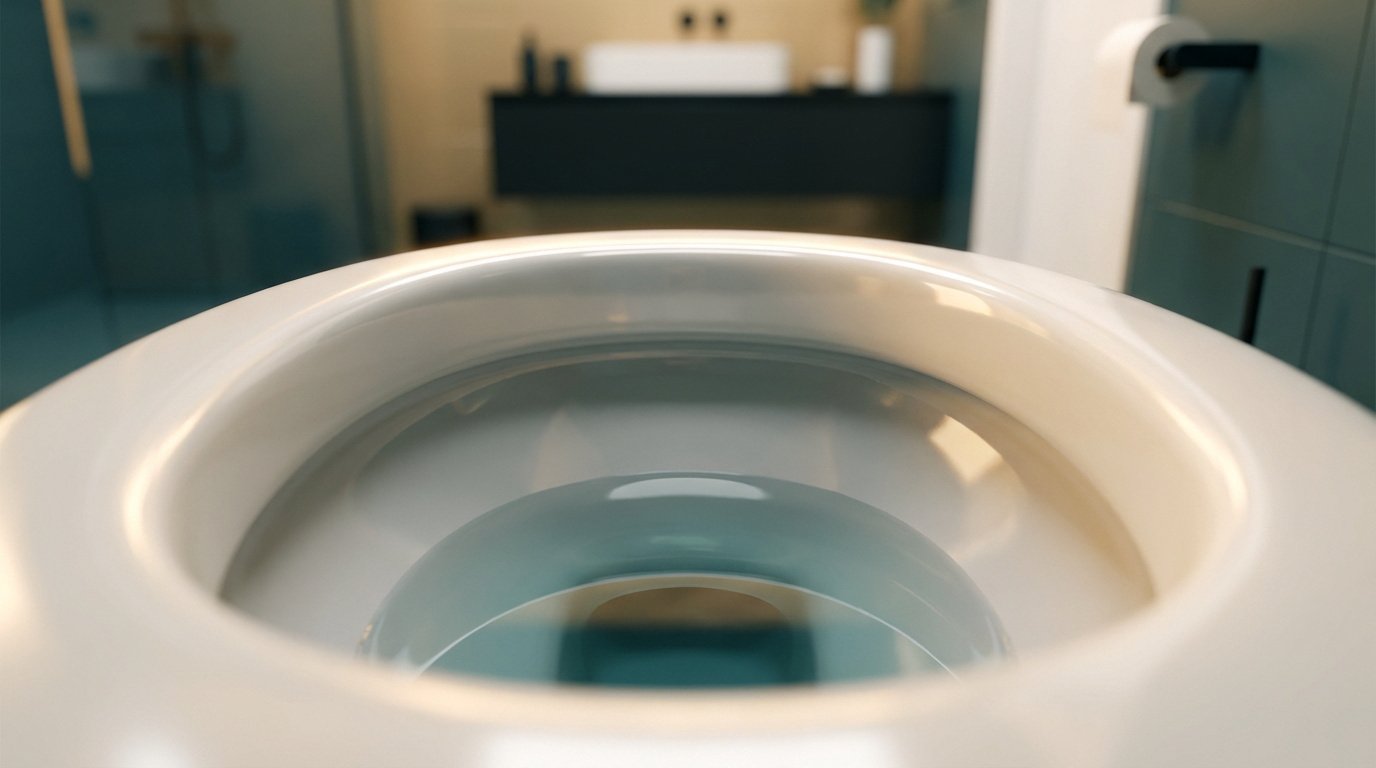 Vue rapprochée de l'intérieur d'une cuvette de WC moderne, blanche et brillante, remplie d'eau propre. Un arrière-plan de salle de bain flou avec un lavabo est visible.