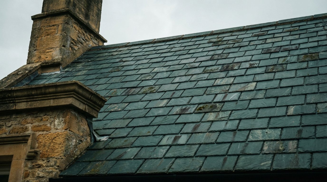 Gros plan sur un toit en ardoise ancien et une cheminée en pierre sous un ciel gris, avec des ardoises patinées.