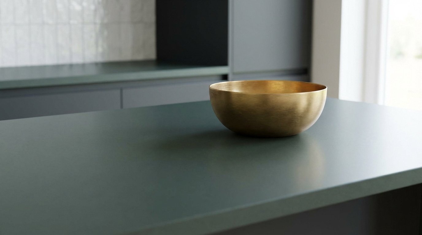 Gros plan sur un plan de travail de cuisine vert olive. Un bol en laiton brossé est posé dessus, avec des meubles sombres et un carrelage blanc en arrière-plan.