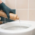 Main gantée de vert versant un produit déboucheur d'une bouteille beige dans la cuvette de toilettes. Des serviettes sont en arrière-plan.