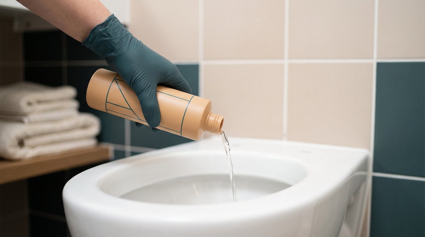 Main gantée de vert versant un produit déboucheur d'une bouteille beige dans la cuvette de toilettes. Des serviettes sont en arrière-plan.
