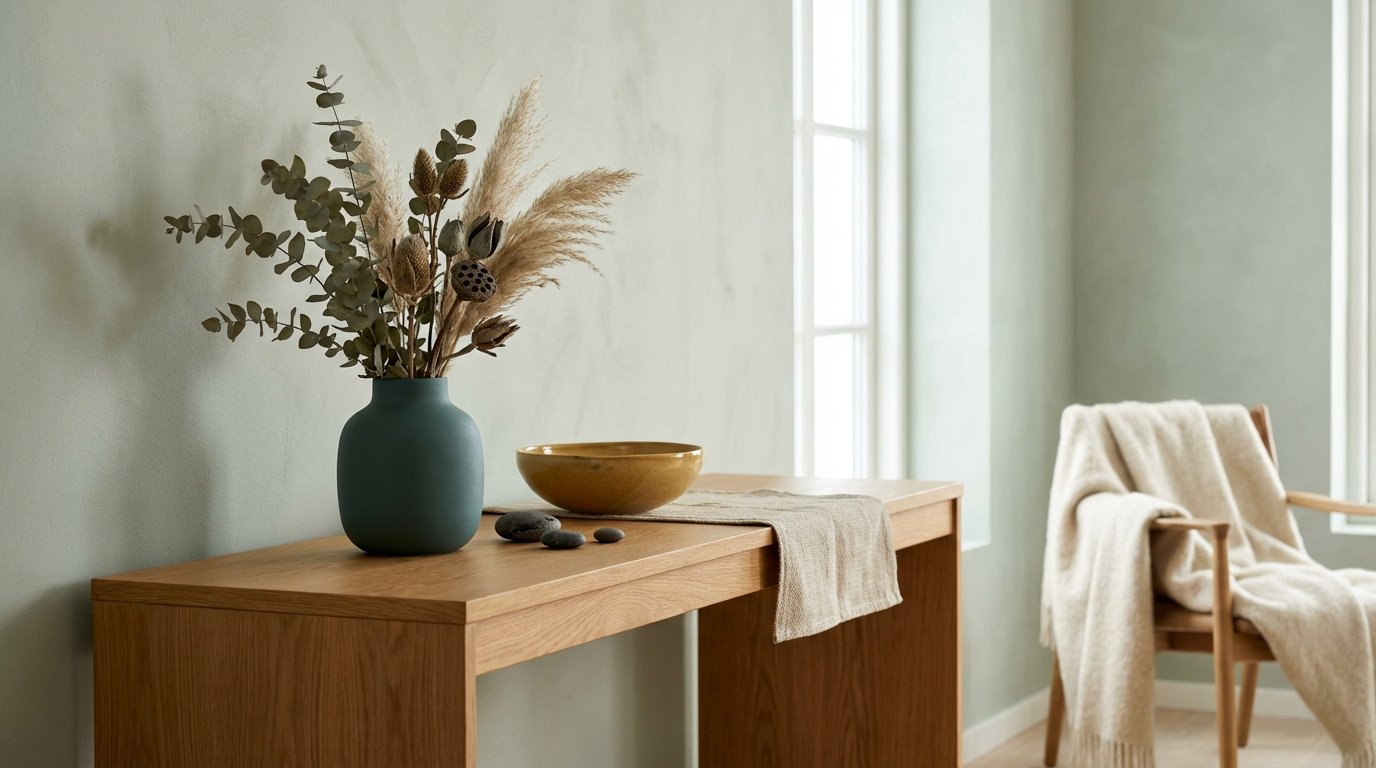 Intérieur scandinave avec console en bois, vase de fleurs séchées, bol et fauteuil. Ambiance calme et naturelle.