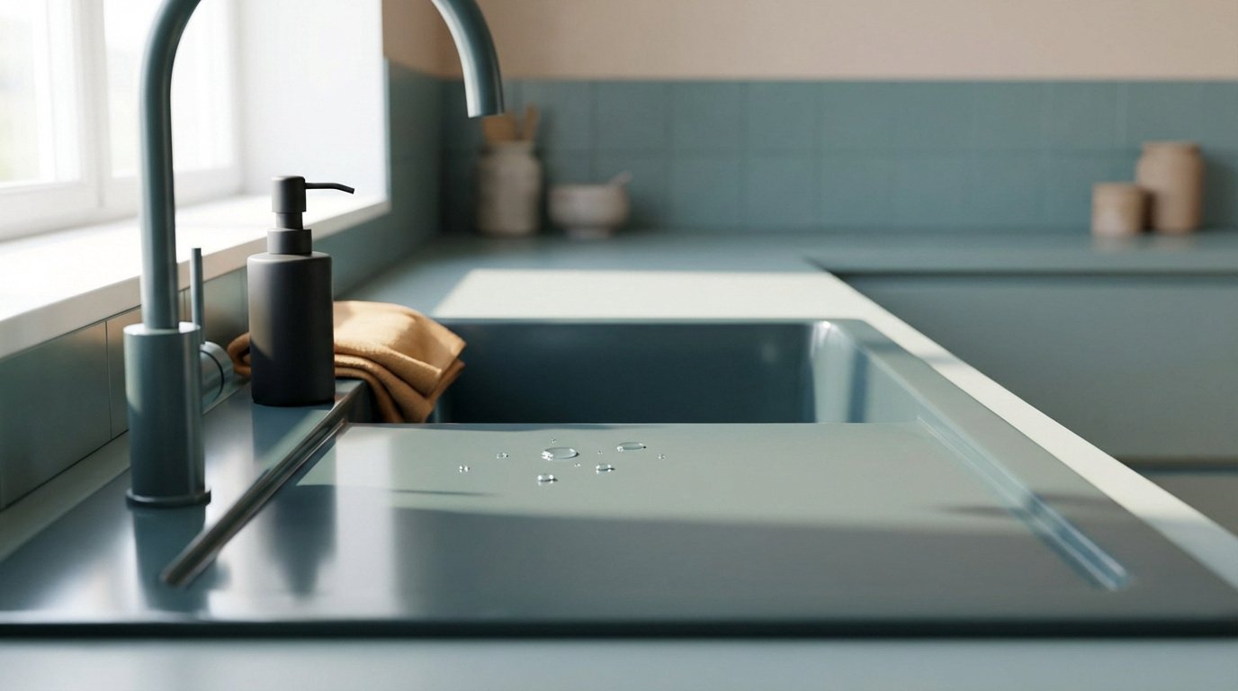 Évier de cuisine en résine bleu-gris avec robinet assorti, distributeur de savon noir et torchon. Des gouttes d'eau perlent sur la surface.