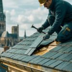 Un couvreur installe des ardoises sur un toit, vue sur la Cathédrale de Rouen en arrière-plan sous un ciel nuageux.