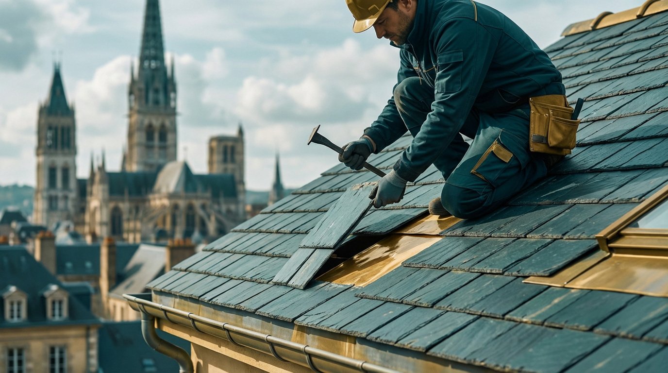 Un couvreur installe des ardoises sur un toit, vue sur la Cathédrale de Rouen en arrière-plan sous un ciel nuageux.