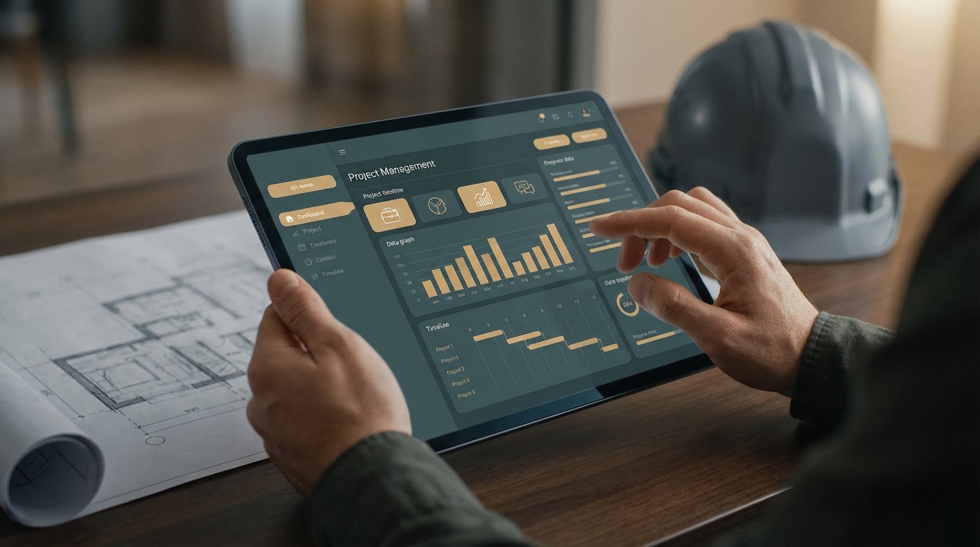 Mains sur une tablette affichant un tableau de bord de gestion de projet. Plans architecturaux et casque de chantier à proximité.