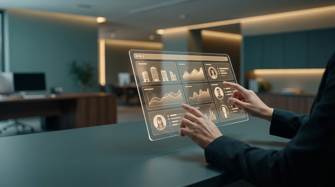 Personne naviguant sur un tableau de bord holographique affichant des données immobilières et des profils d'utilisateurs dans un bureau moderne.