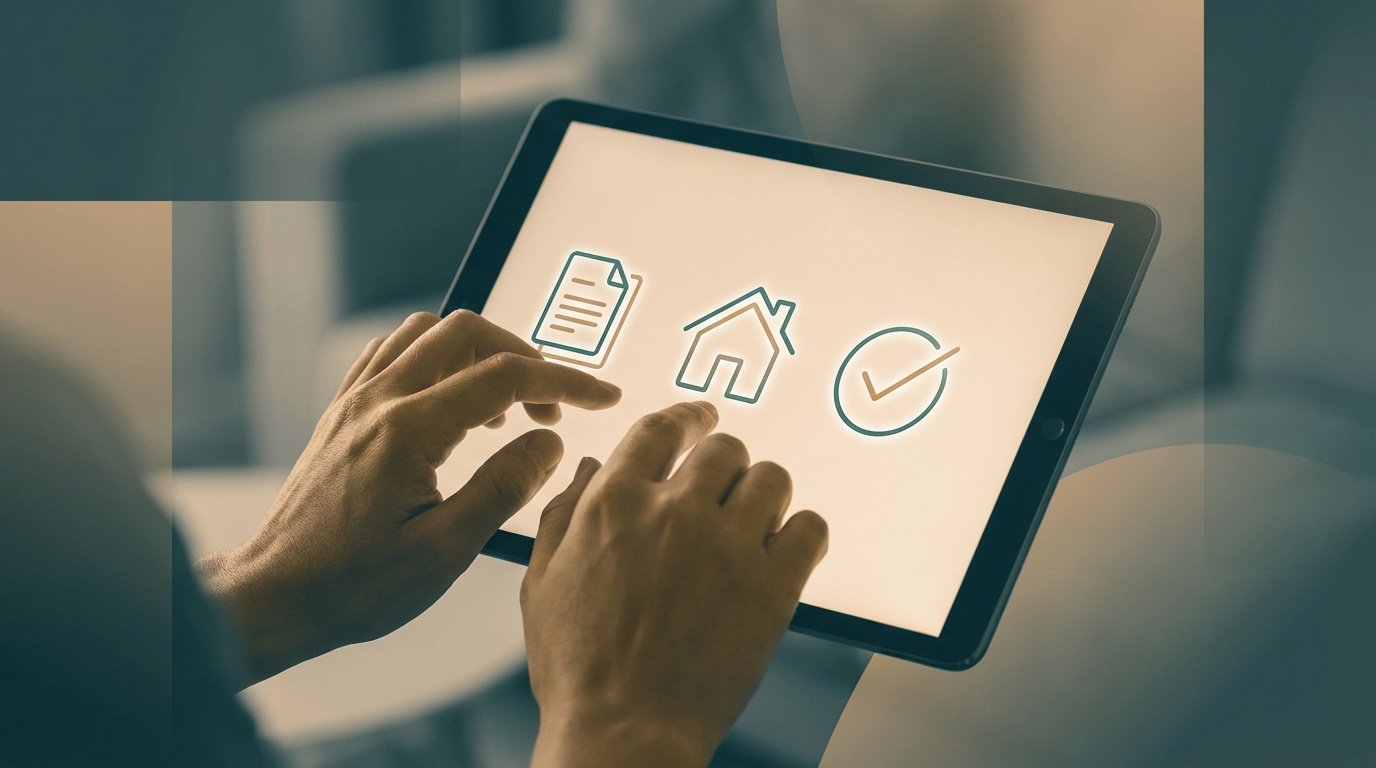 Mains interagissant avec une tablette affichant des icônes de document, maison et coche. Symbolise la gestion client numérique.