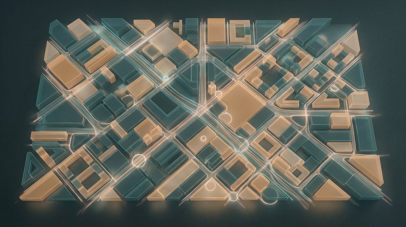 Vue aérienne stylisée d'un plan de ville 3D. Des bâtiments beiges et bleu-vert sont traversés par des rues lumineuses. Certaines zones sont mises en évidence par des cercles lumineux.