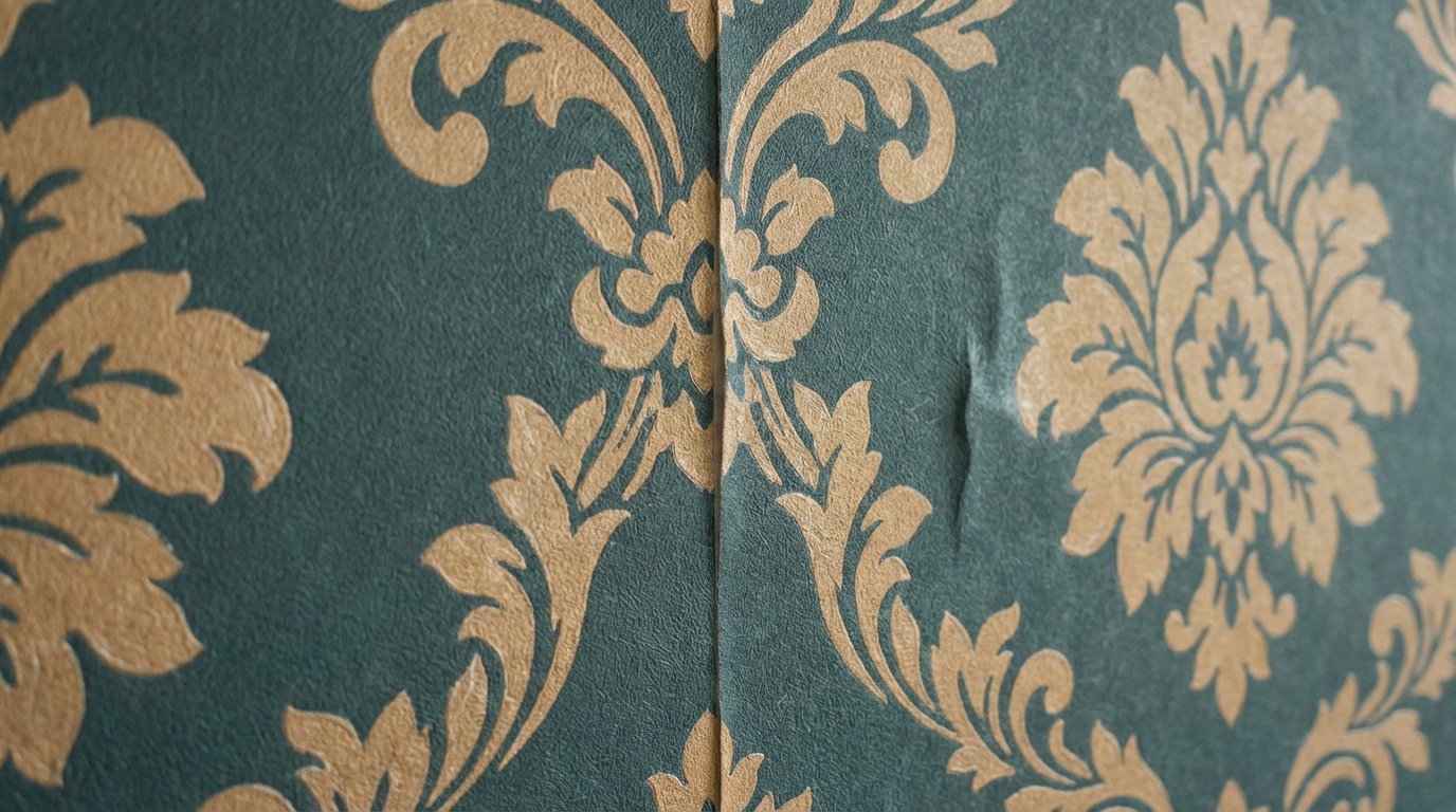 Gros plan sur du papier peint intissé vert sarcelle à motifs damassés dorés, montrant un raccord de lé et un pli.