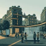 Paris vert et futuriste : Tour Eiffel végétalisée, immeubles bioclimatiques, rues arborées et citoyens consultant des plans d'urbanisme sur écrans.