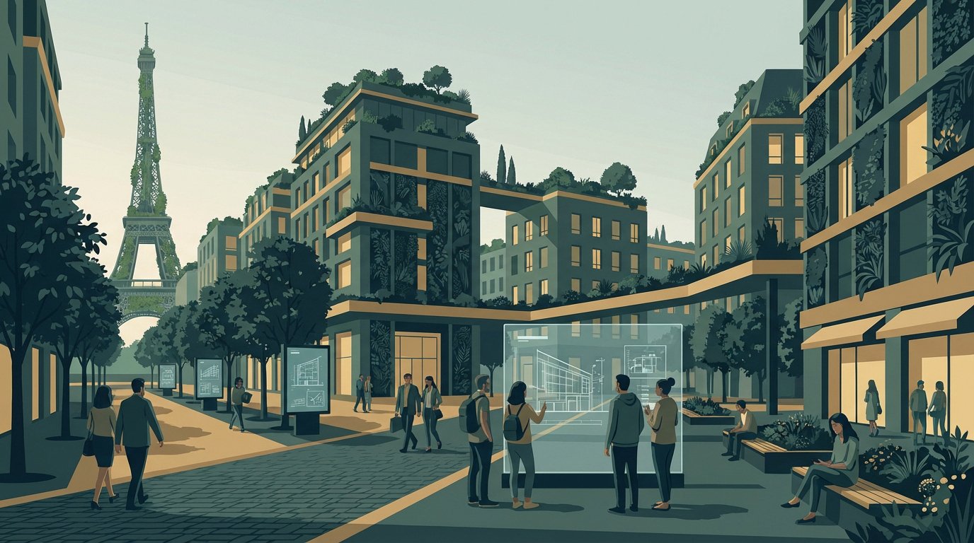 Paris vert et futuriste : Tour Eiffel végétalisée, immeubles bioclimatiques, rues arborées et citoyens consultant des plans d'urbanisme sur écrans.