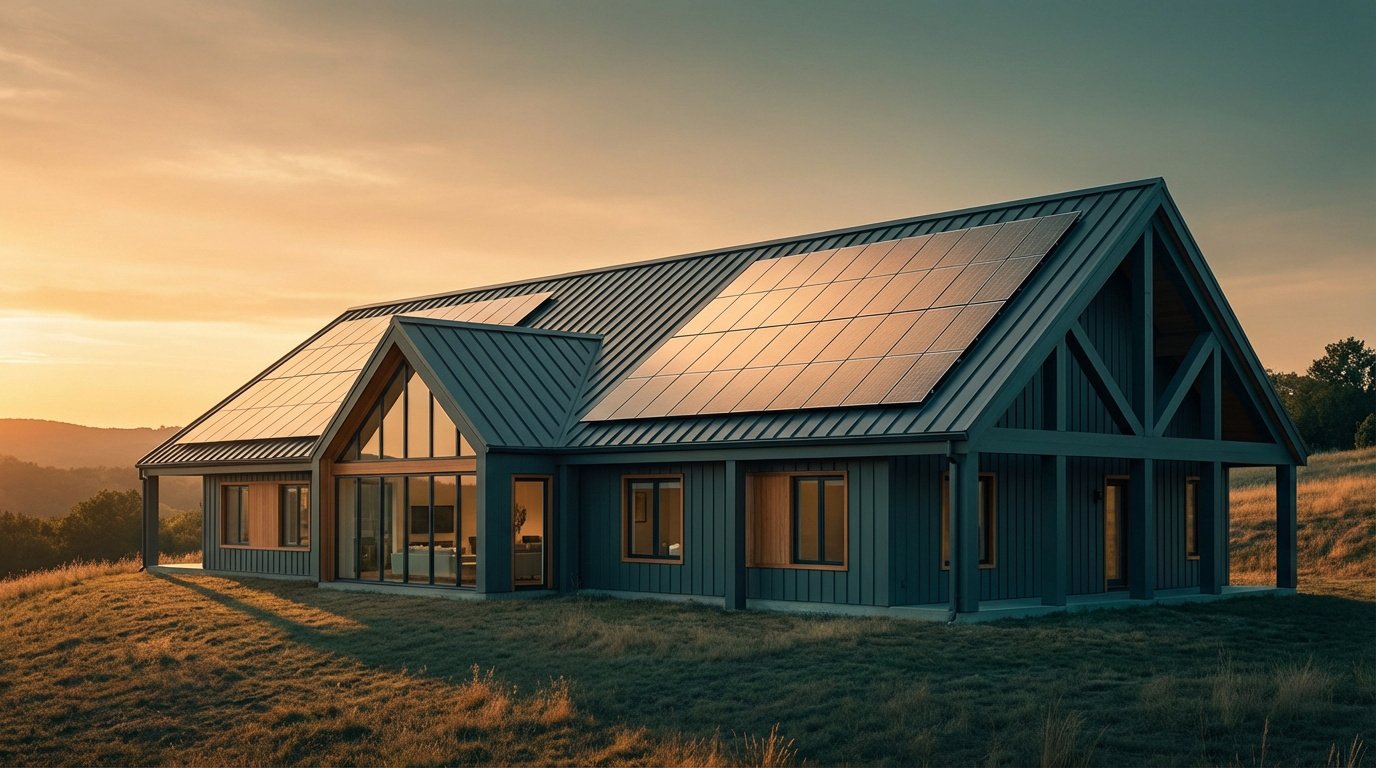 Maison moderne avec grand toit gris foncé couvert de panneaux solaires, sur une colline herbeuse, au coucher du soleil.