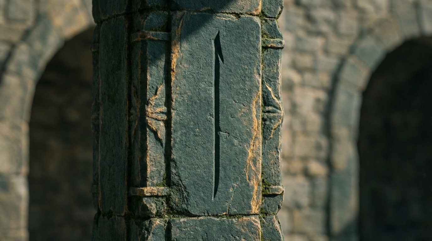 Gros plan sur un jambage en pierre texturée avec une rainure verticale. Arches floues d'une structure ancienne en arrière-plan.