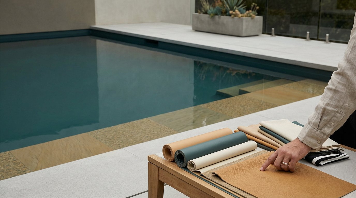 Main choisissant parmi des échantillons de toiles de piscine près d'une piscine moderne avec un patio gris et un bac à plantes.