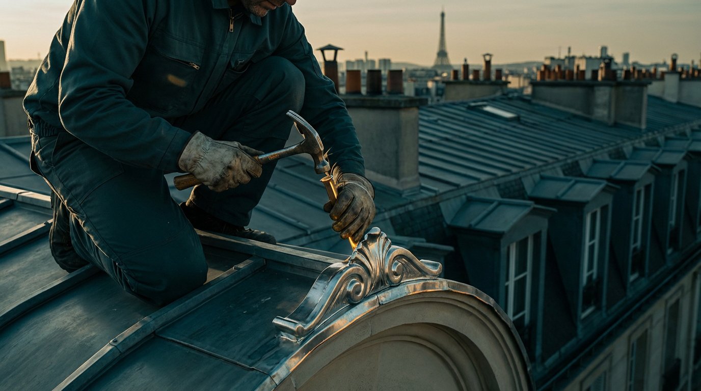 Gros plan sur un couvreur travaillant sur un ornement de toiture parisienne, la Tour Eiffel en arrière-plan au coucher du soleil.