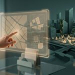 Une main interagit avec un écran transparent affichant des plans d'urbanisme. Une ville modélisée avec des bâtiments verts est visible en arrière-plan.